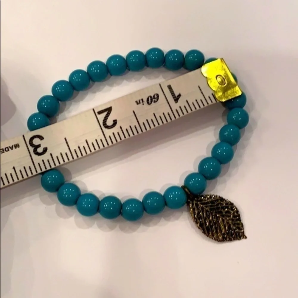 💐5/25 gold leaf turquoise acrylic beads stretch